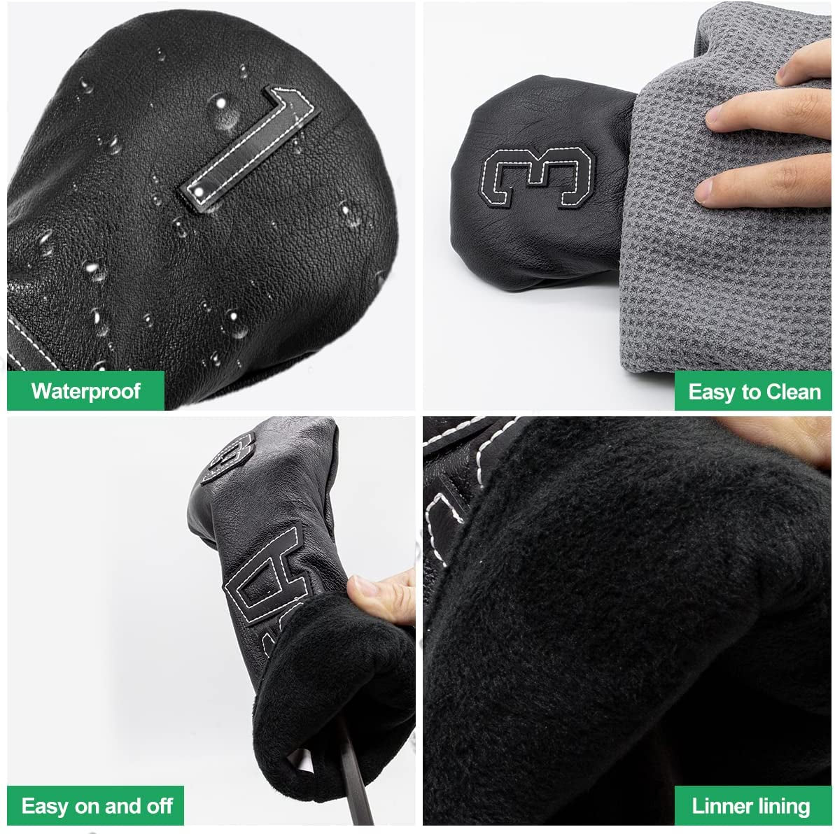 Golf Club Head Covers - USA Leather Driver, Fairway Wood, and Hybrid Headcovers with Number Tags for All Brands