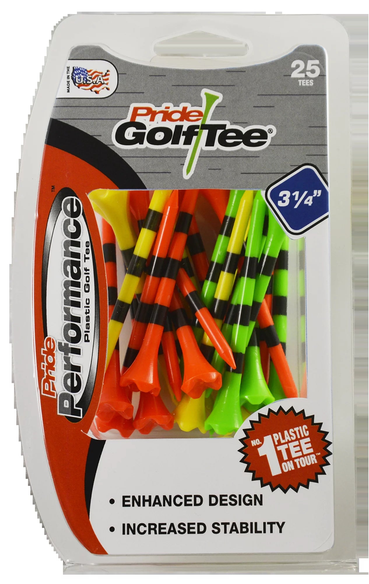 Pride Performance 3-1/4" Plastic Golf Tees, Striped Fruit Mix, 25 Count, Low-Resistance Head for Enhanced Drive Distance, Durable Construction