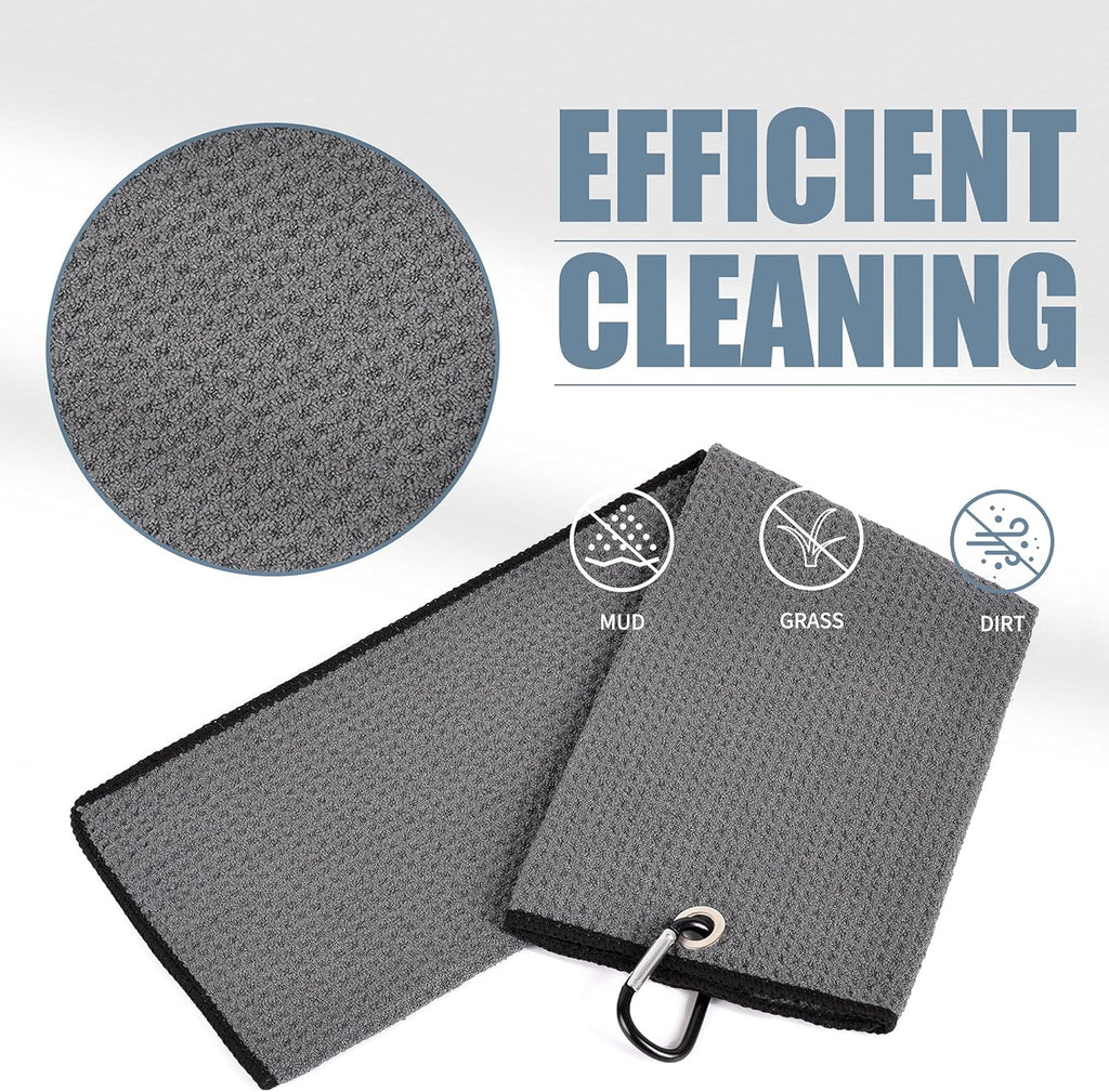 Microfiber Waffle Pattern Golf Towels - Tri-Fold Design with Club Groove Cleaner Brush Tool Kit and Retractable Cord Clip, Ideal Gift for Golf Enthusiasts