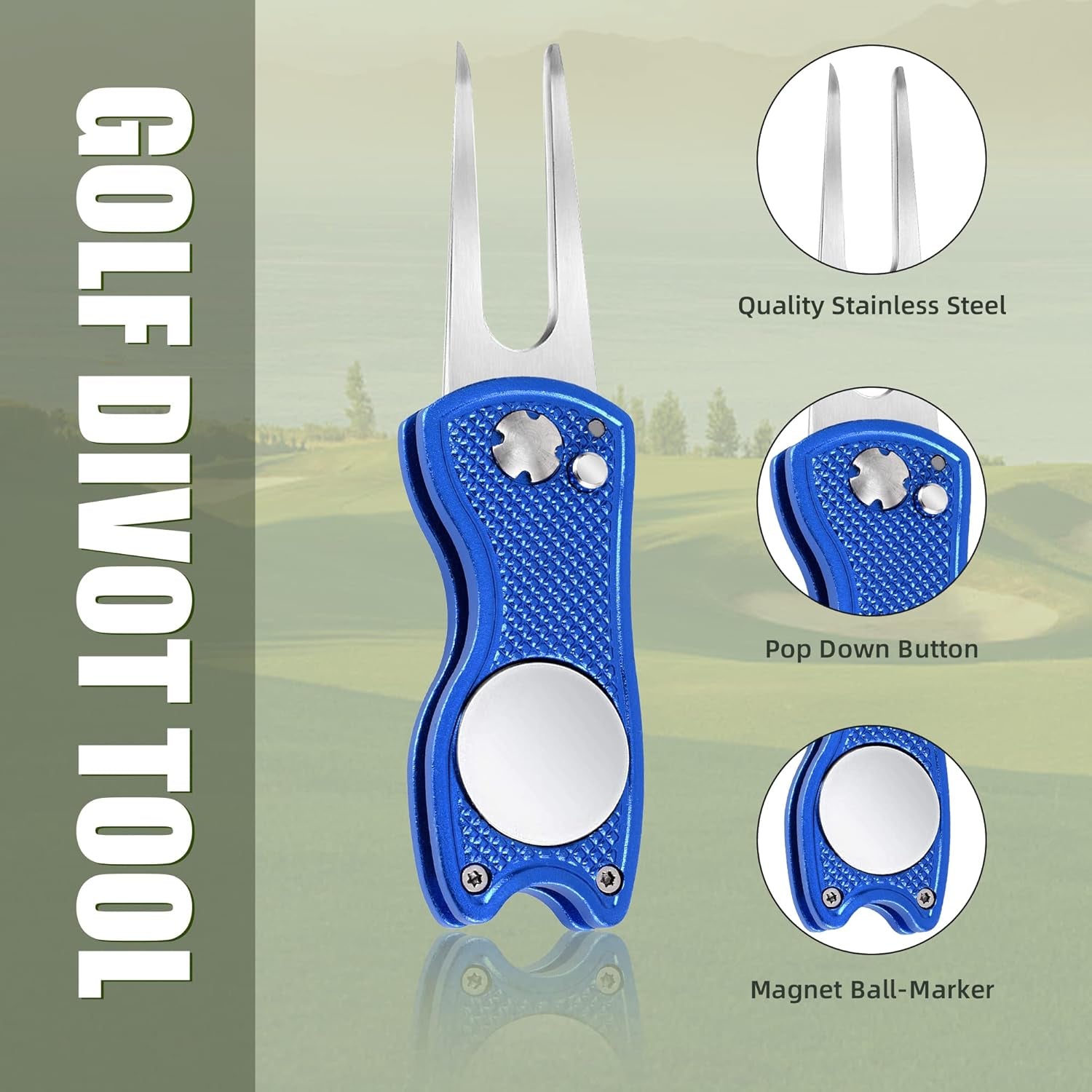 Premium All-Metal Foldable Golf Divot Repair Tool with Pop-Up Button and Magnetic Ball Marker, Available in 2 to 6 Pack