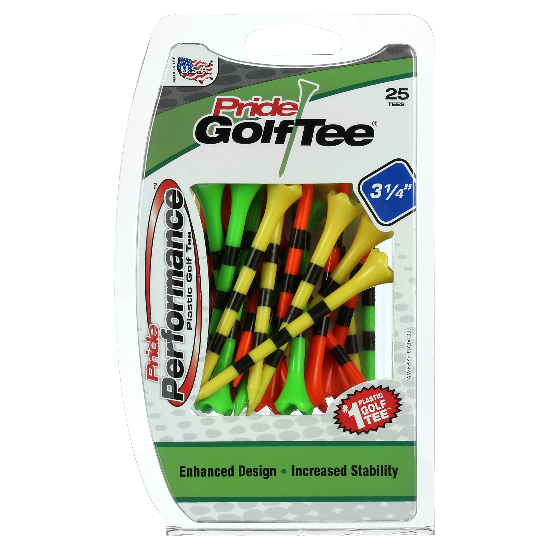 Pride Performance 3-1/4" Plastic Golf Tees, Striped Fruit Mix, 25 Count, Low-Resistance Head for Enhanced Drive Distance, Durable Construction