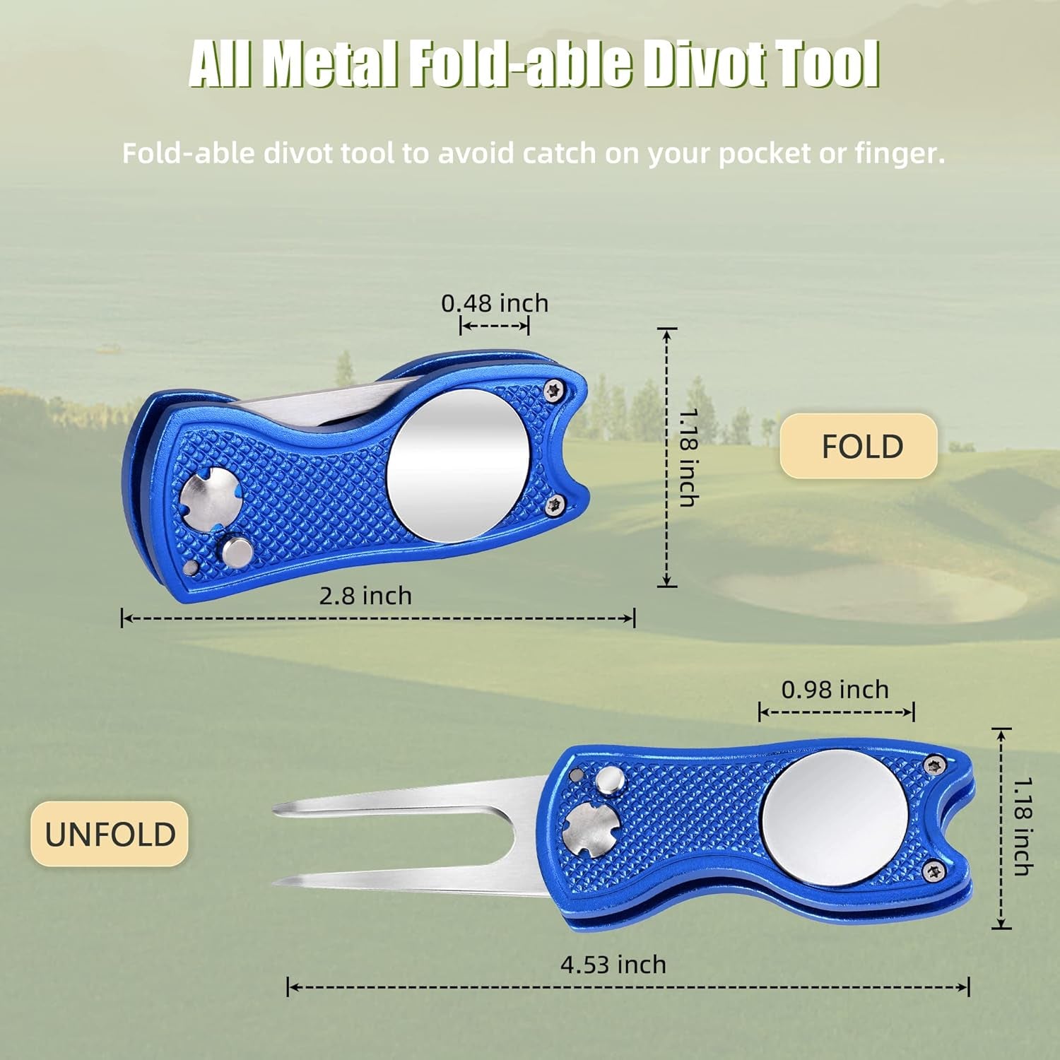 Premium All-Metal Foldable Golf Divot Repair Tool with Pop-Up Button and Magnetic Ball Marker, Available in 2 to 6 Pack
