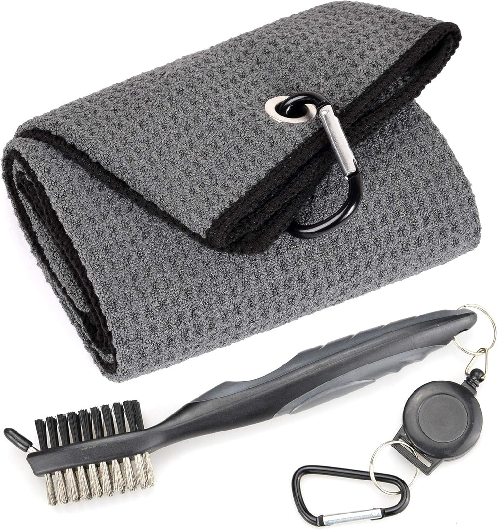 Microfiber Waffle Pattern Golf Towels - Tri-Fold Design with Club Groove Cleaner Brush Tool Kit and Retractable Cord Clip, Ideal Gift for Golf Enthusiasts
