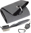 Microfiber Waffle Pattern Golf Towels - Tri-Fold Design with Club Groove Cleaner Brush Tool Kit and Retractable Cord Clip, Ideal Gift for Golf Enthusiasts